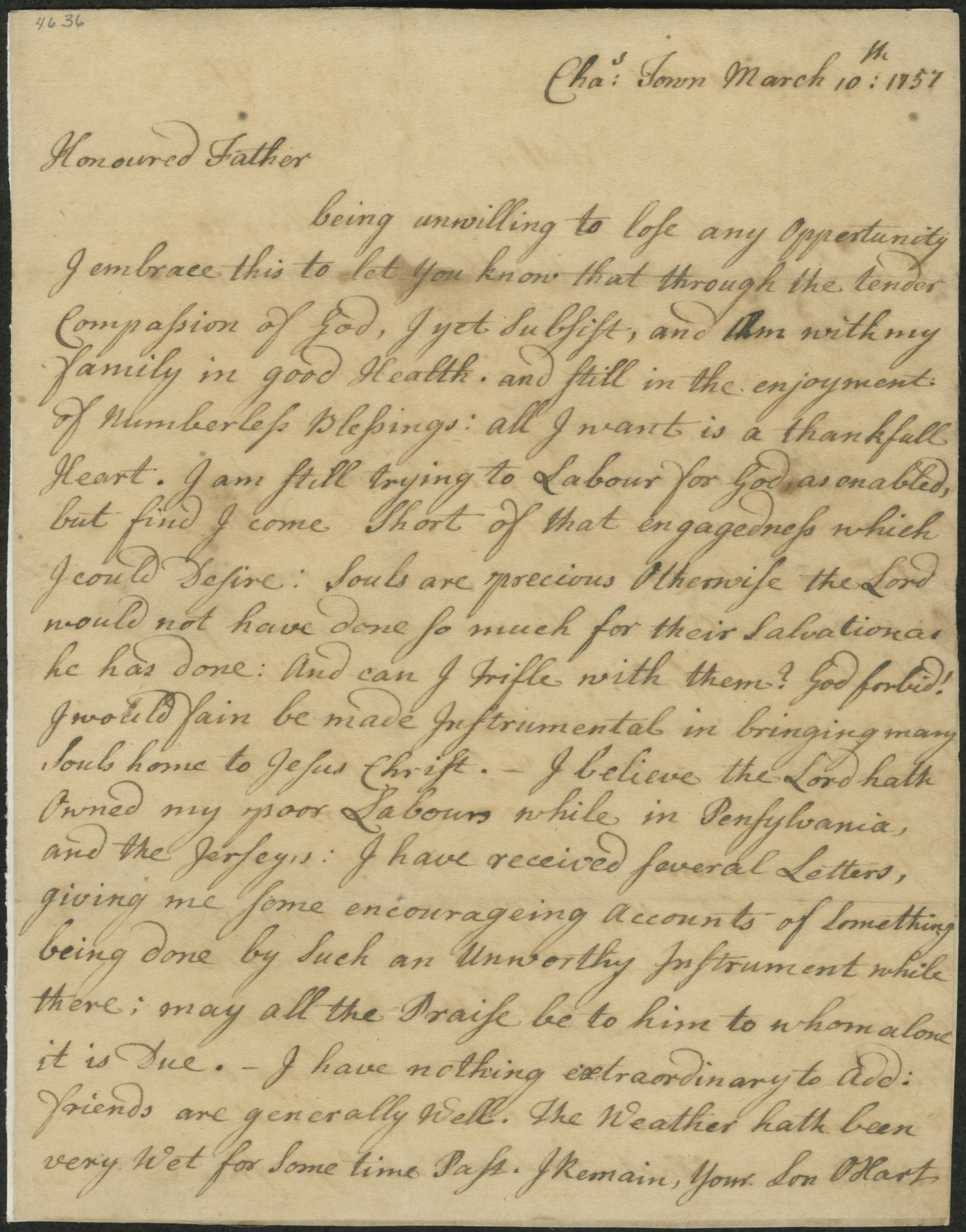 Letter, 1757 March 10, Oliver Hart (Charles Town, S.C.) to John Hart (Warminster, Pa.)