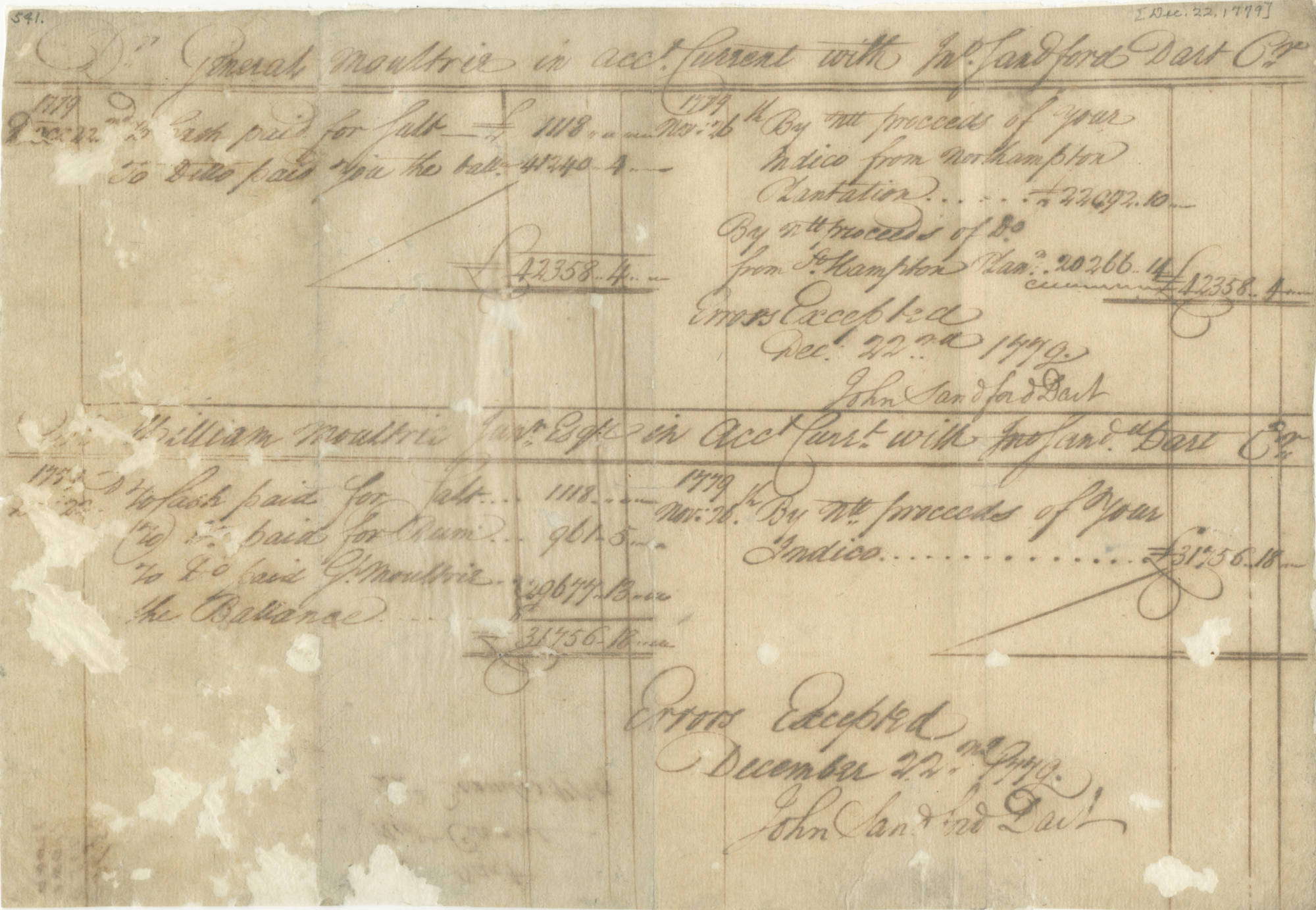 Account, 1779 December 22, William Moultrie