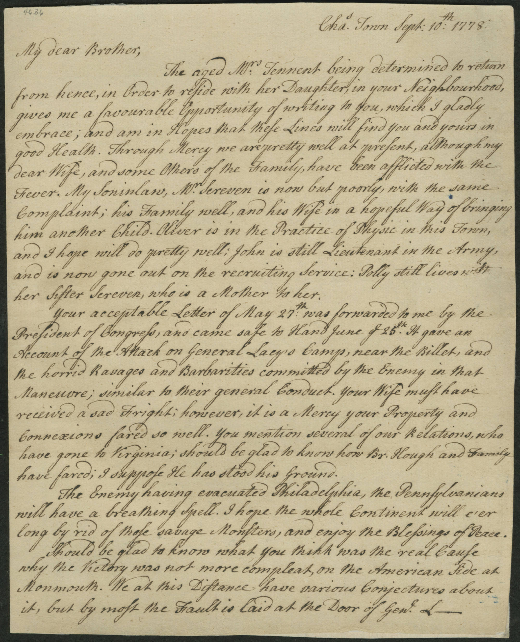 Letter, 1778 September 10, Oliver Hart (Charles Town, S.C.) to Joseph Hart (Warminster, Pa.)