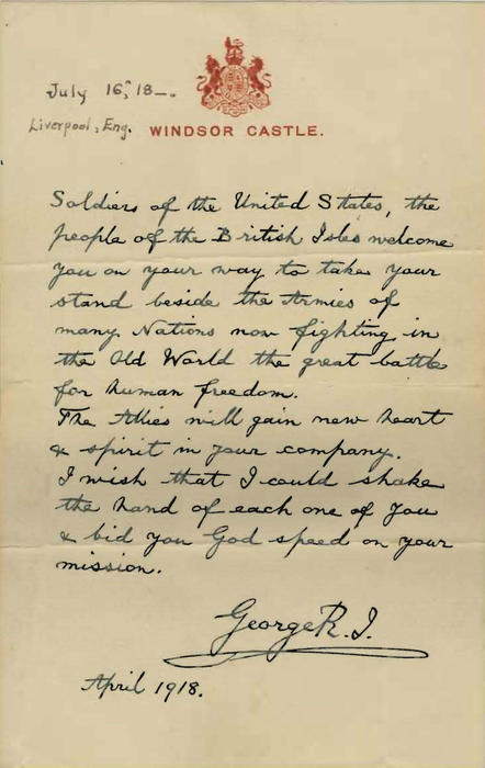 King George V's message to US Soldiers